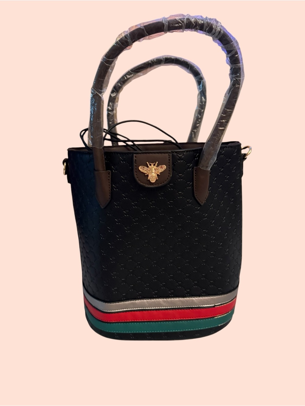 NWT Diophy Black Bee Accent Striped Trim Embossed Hearts Bucket Bag